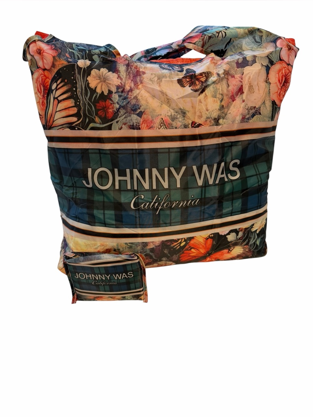 Johnny Was Multicolor Floral & Plaid Reusable Nylon Shopping Tote. NWT